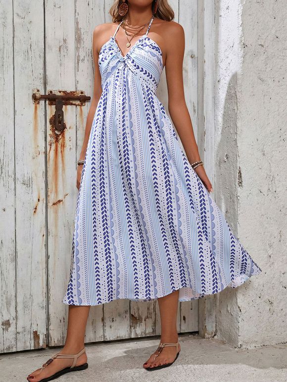 Robe dos nu de vacances à imprimé géométrique, taille empire, ourlet festonné, style bohème - Bleu Poudre XL | US 10