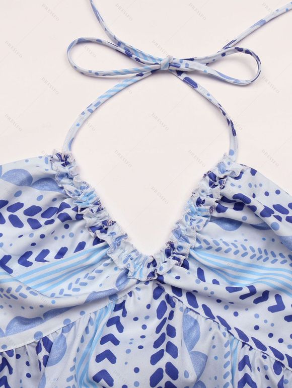 Robe dos nu de vacances à imprimé géométrique, taille empire, ourlet festonné, style bohème - Bleu Poudre XL | US 10