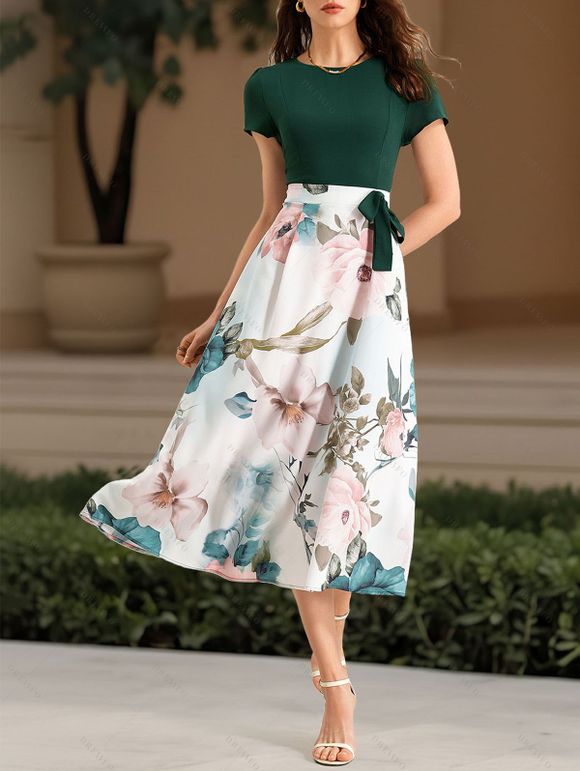 Robe de vacances midi à imprimé floral aquarelle colorblock et nœud papillon - Vert profond XL | US 10