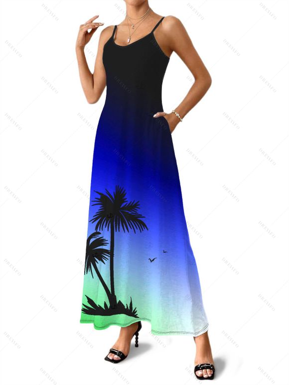 Robe de plage imprimée cocotiers, bretelles spaghetti dégradées - Bleu XXXXXL | US 20