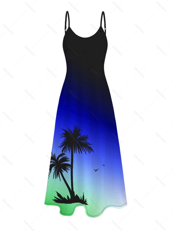 Beach Couple Outfit Coconut Tree Print Ombre Spaghetti Strap Dress and Shirt Set - Bleu S | US 4