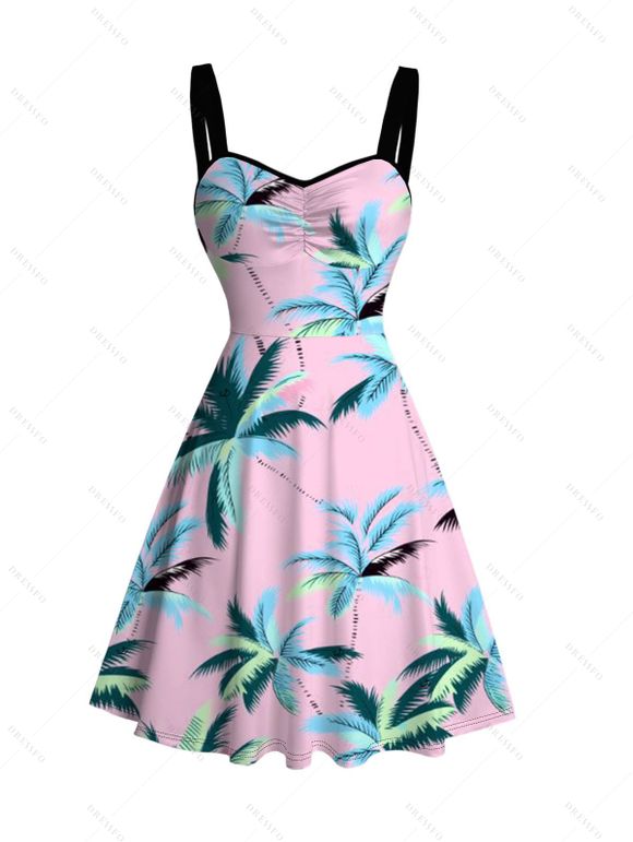 Beach Couple Outfit Colored Coconut Tree Print Ruched Dress and Shirt Set - Rose clair S | US 4