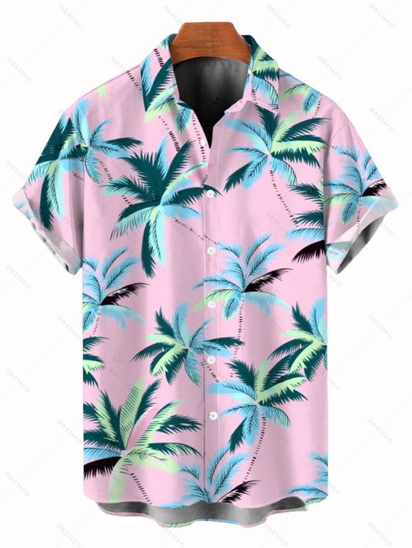 Beach Couple Outfit Colored Coconut Tree Print Ruched Dress and Shirt Set - Rose clair S | US 4