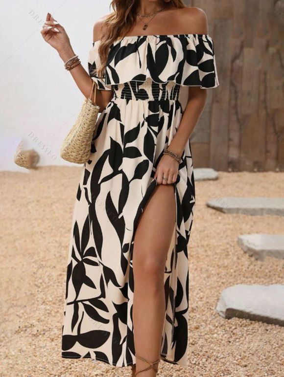 Vacation Couple Outfit Leaf Patten Off the Shoulder Slit Dress and Shirt Set - café lumière S | US 4