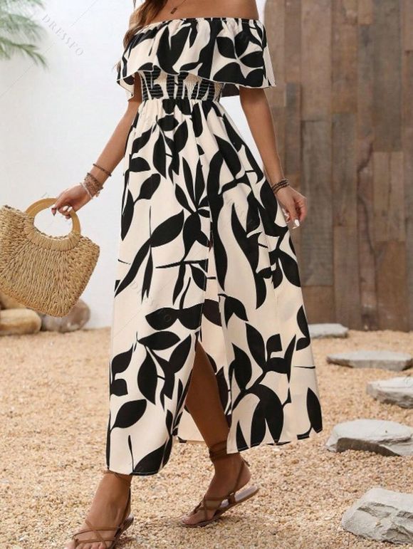 Vacation Couple Outfit Leaf Patten Off the Shoulder Slit Dress and Shirt Set - café lumière S | US 4