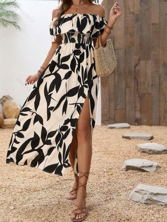 Vacation Couple Outfit Leaf Patten Off the Shoulder Slit Dress and Shirt Set - café lumière S | US 4