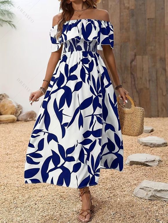 Vacation Couple Outfit Leaf Patten Off the Shoulder Slit Dress and Shirt Set - Bleu S | US 4