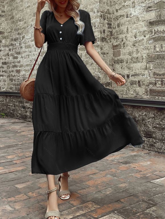 Robe de vacances unie à faux boutons et col en V, robe fatiguée - Noir XL | US 10