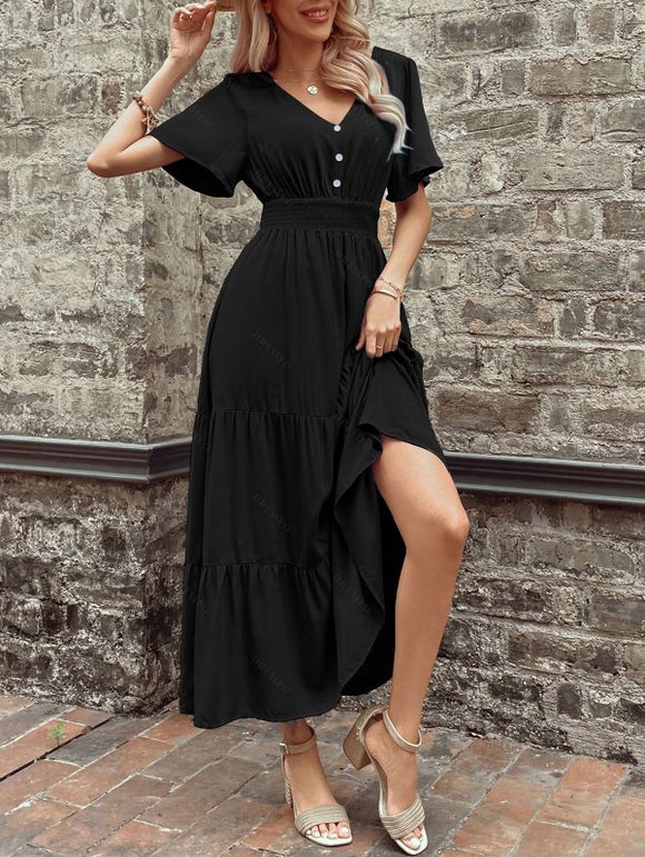 Robe de vacances unie à faux boutons et col en V, robe fatiguée - Noir XL | US 10