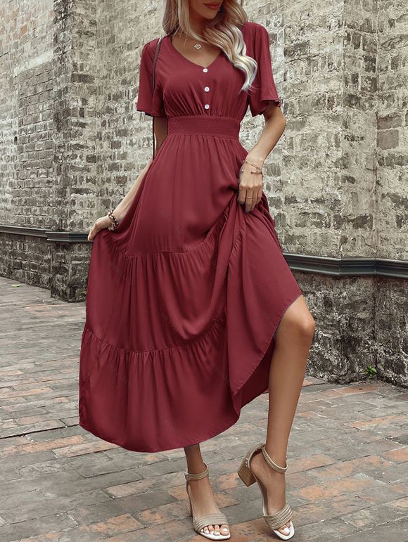 Robe de vacances unie à faux boutons et col en V, robe fatiguée - Rouge Vineux XL | US 10