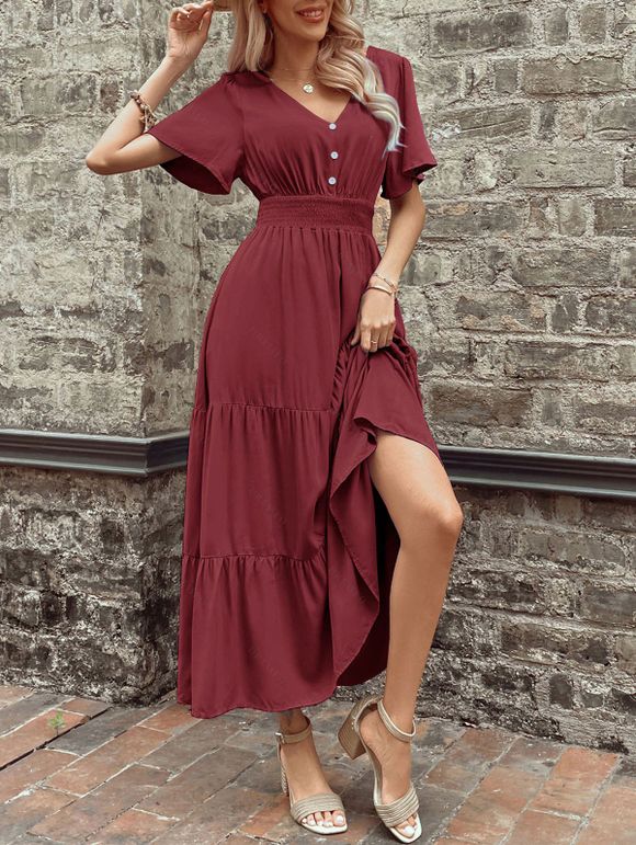 Robe de vacances unie à faux boutons et col en V, robe fatiguée - Rouge Vineux XL | US 10