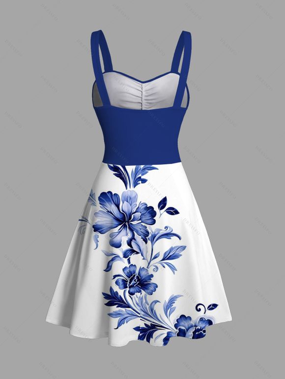 Robe de vacances à motif de feuilles et de fleurs colorblock et froncée - Rouge Vineux XXXXXL | US 20