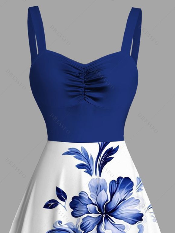 Robe de vacances à motif de feuilles et de fleurs colorblock et froncée - Rouge Vineux XXXXXL | US 20