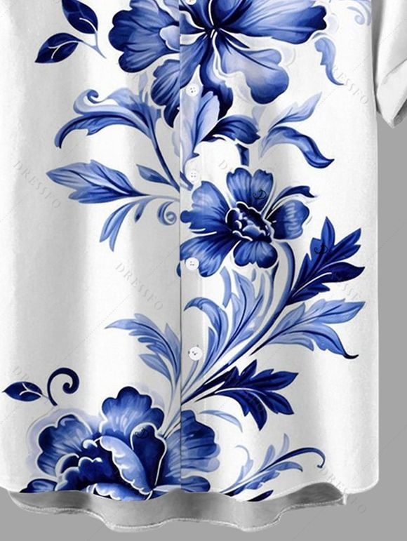 Chemise de vacances pour homme à motif de feuilles et de fleurs, boutonnée - Bleu profond 5XL