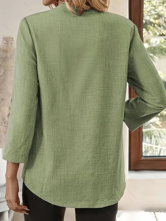Chemisier décontracté uni à col montant et manches retroussables - Vert XXL | US 12