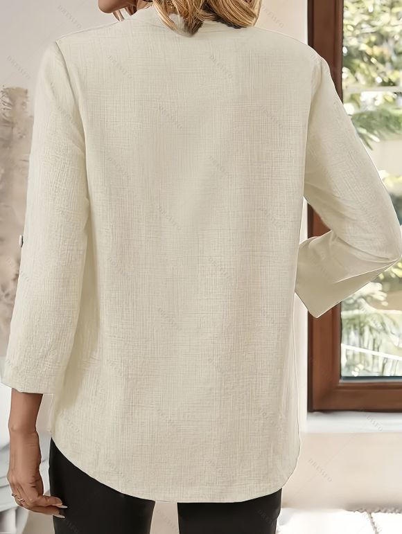 Chemisier décontracté uni à col montant et manches retroussables - Beige XXL | US 12