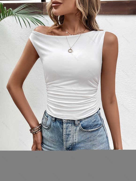 Débardeur à col asymétrique, couleur unie, froncé, style décontracté - Blanc XL | US 10