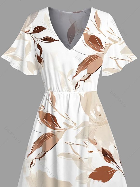 Robe de vacances à imprimé feuilles et fente, robe midi - Bronze M | US 6