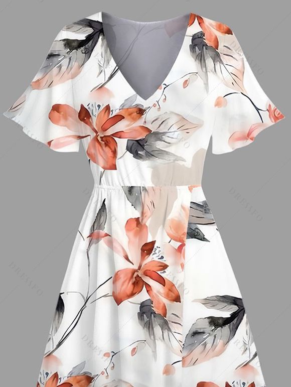 Robe de vacances mi-longue fendue à imprimé aquarelle de fleurs et de feuilles - Rose clair XXL | US 14