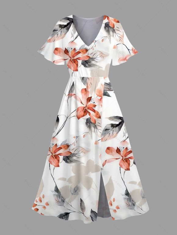 Vacation Couple Outfit Watercolor Flower Leaf Print Slit Dress and Shirt Set - Rose clair S | US 4