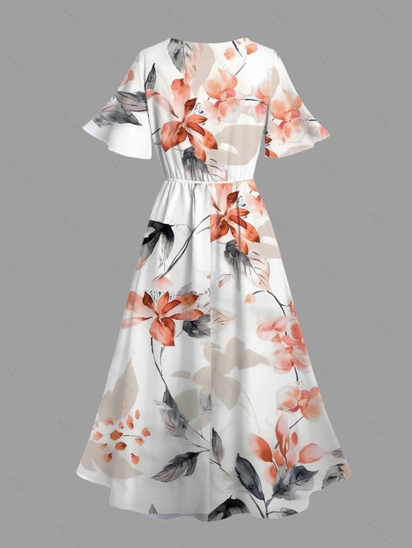 Vacation Couple Outfit Watercolor Flower Leaf Print Slit Dress and Shirt Set - Rose clair S | US 4