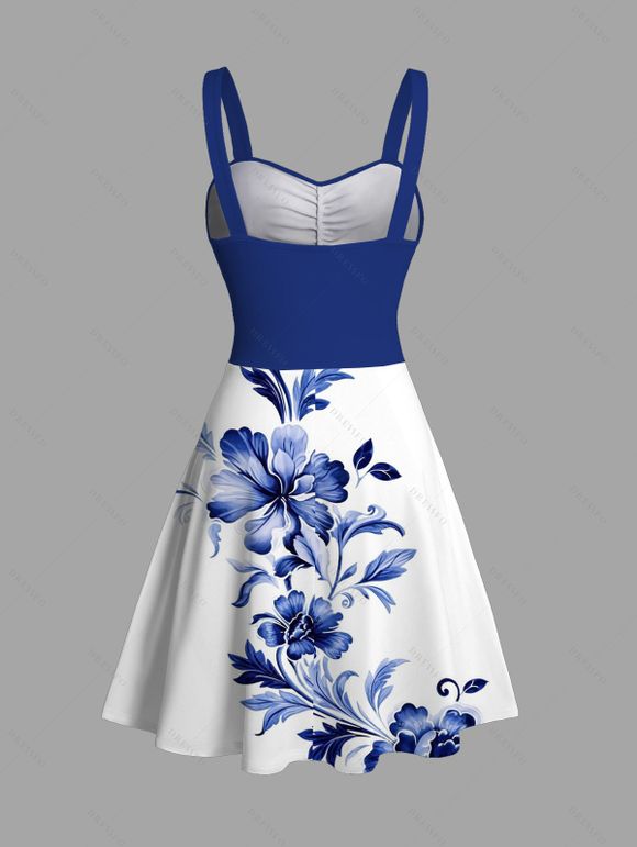 Vacation Couple Outfit Colorblock Leaf Flower Pattern Dress and Shirt Set - Bleu profond S | US 4