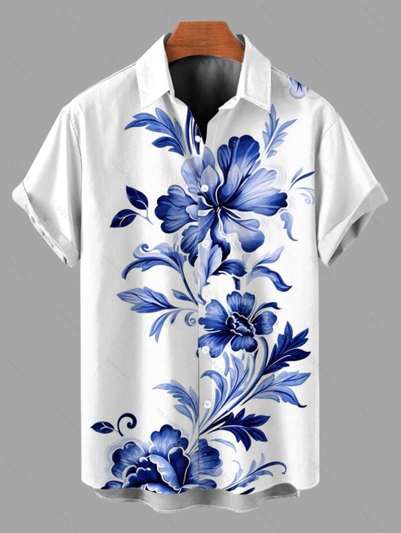 Vacation Couple Outfit Colorblock Leaf Flower Pattern Dress and Shirt Set - Bleu profond S | US 4