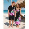 Vacation Couple Outfit Flower Leaf Print Pocket Spaghetti Strap Dress and Shirt Set - Noir S | US 4