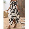 Vacation Couple Outfit Leaf Patten Off the Shoulder Slit Dress and Shirt Set - café lumière S | US 4