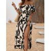 Vacation Couple Outfit Leaf Patten Off the Shoulder Slit Dress and Shirt Set - café lumière S | US 4