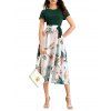 Robe de vacances midi à imprimé floral aquarelle colorblock et nœud papillon - Vert profond XL | US 10