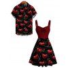Valentine's Day Couple Outfit Heart Sequined Print Ruched Dress and Shirt Set - Rouge Vineux S | US 4