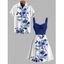 Vacation Couple Outfit Colorblock Leaf Flower Pattern Dress and Shirt Set - Bleu profond S | US 4