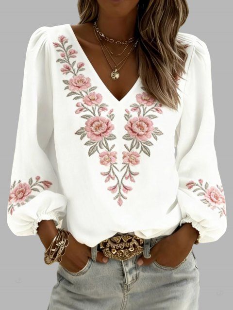 Chemise de vacances à imprimé feuilles de rose, col en V et manches lanternes