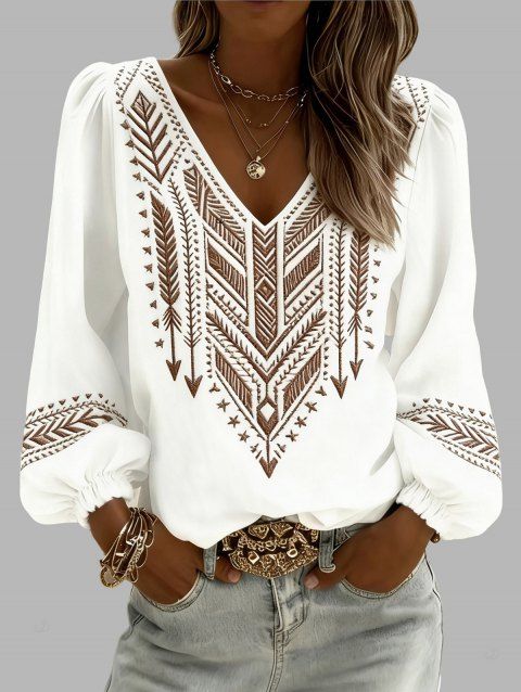 Chemise vintage à imprimé ethnique flèche, col en V et manches lanternes