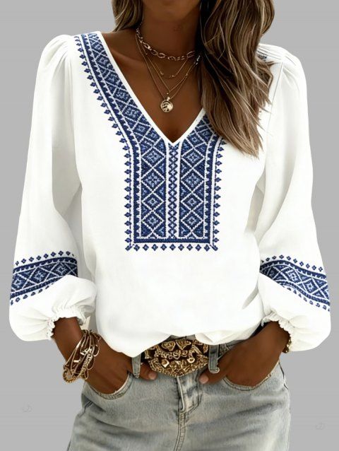 Chemise ethnique à imprimé géométrique, col en V et manches lanternes