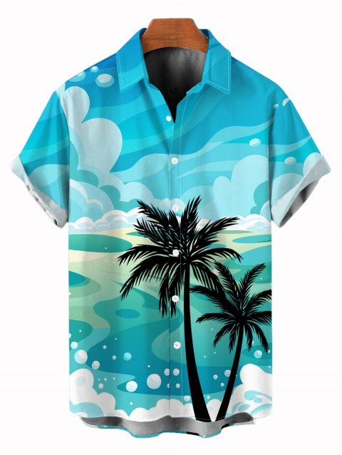 Chemise de vacances pour homme, imprimé paysage de plage et cocotiers, à boutons