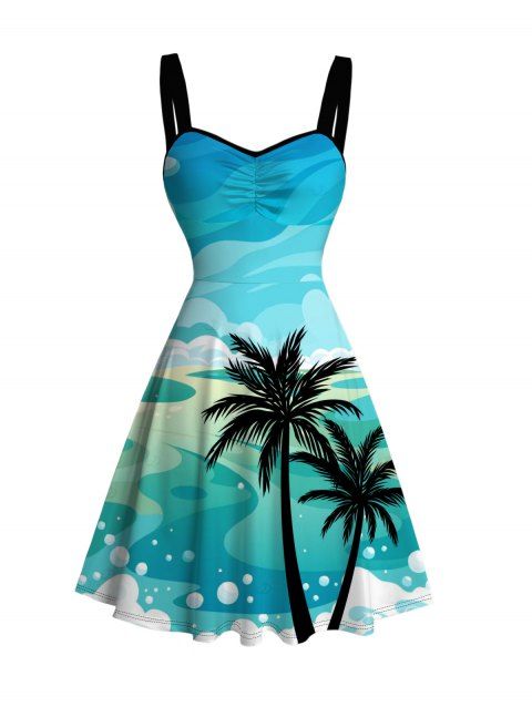 Robe de vacances mini froncée à imprimé cocotier et paysage de plage