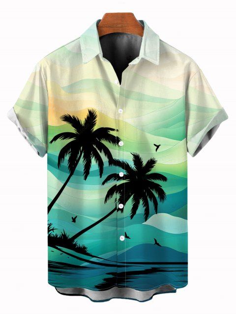 Chemise de vacances pour homme, imprimé paysage de montagne et cocotiers, à boutons