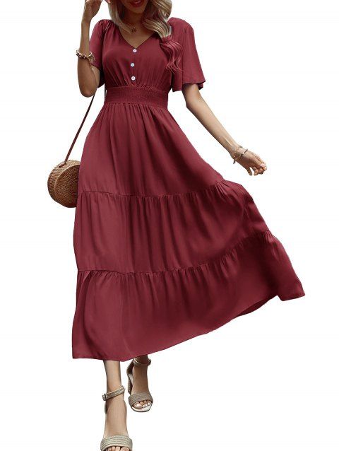 Robe de vacances unie à faux boutons et col en V, robe fatiguée