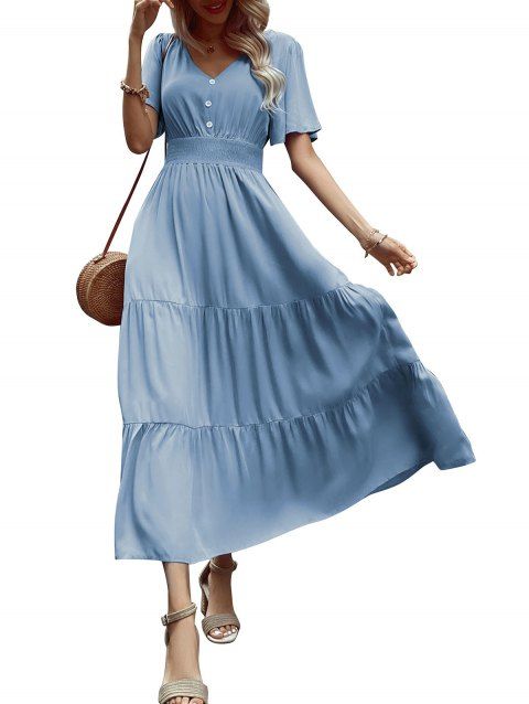 Robe de vacances unie à faux boutons et col en V, robe fatiguée