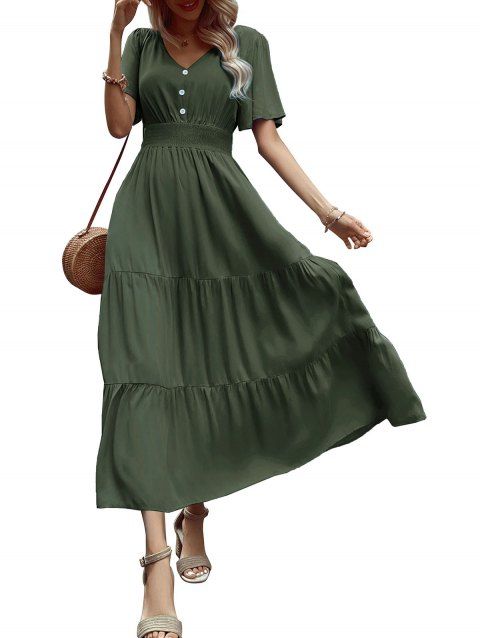 Robe de vacances unie à faux boutons et col en V, robe fatiguée