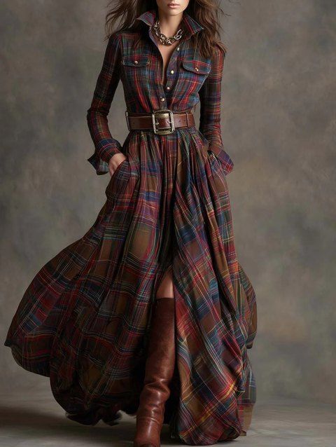 Robe chemise vintage à carreaux, poche avant, ceinture fendue