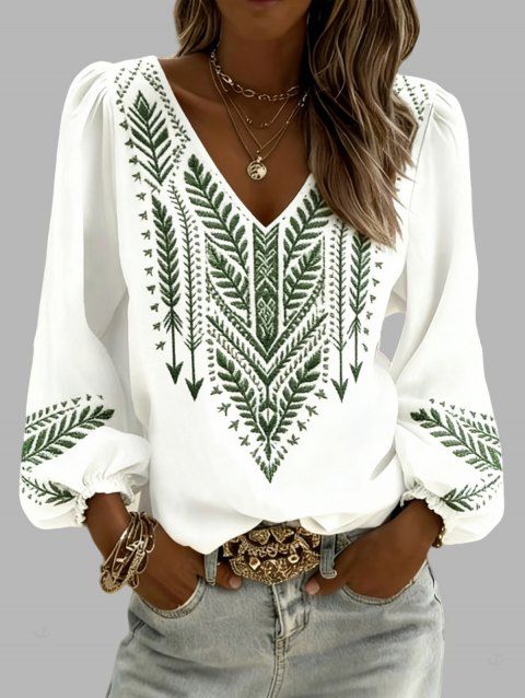 Chemise vintage à imprimé ethnique flèche, col en V et manches lanternes