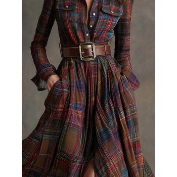 Vintage Shirt Dress Plaid Print Front Pocket Belt Slit Dress
