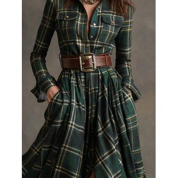 Vintage Shirt Dress Plaid Print Front Pocket Belt Slit Dress