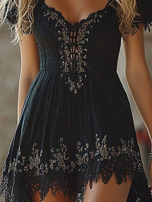 Robe mini vintage à ourlet asymétrique et découpe festonnée - Noir XXL | US 12