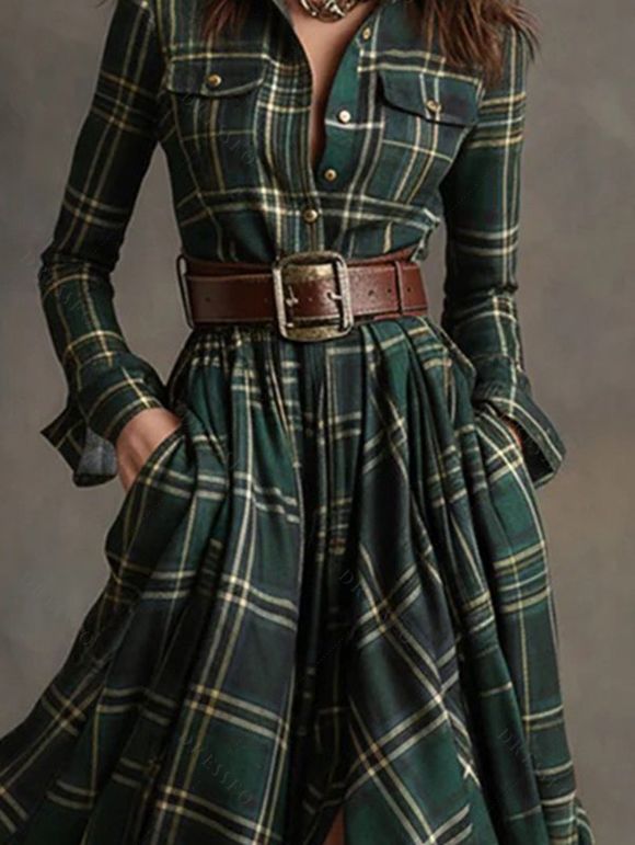Robe chemise vintage à carreaux, poche avant, ceinture fendue - Vert Armée M | US 6