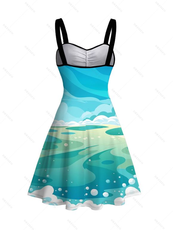 Robe de vacances mini froncée à imprimé cocotier et paysage de plage - Bleu clair XXXXXL | US 20