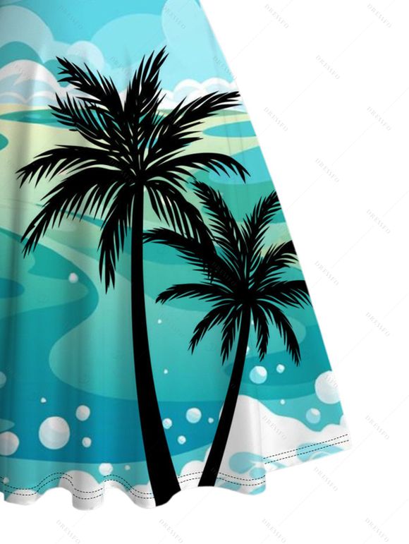 Robe de vacances mini froncée à imprimé cocotier et paysage de plage - Bleu clair XXXXXL | US 20